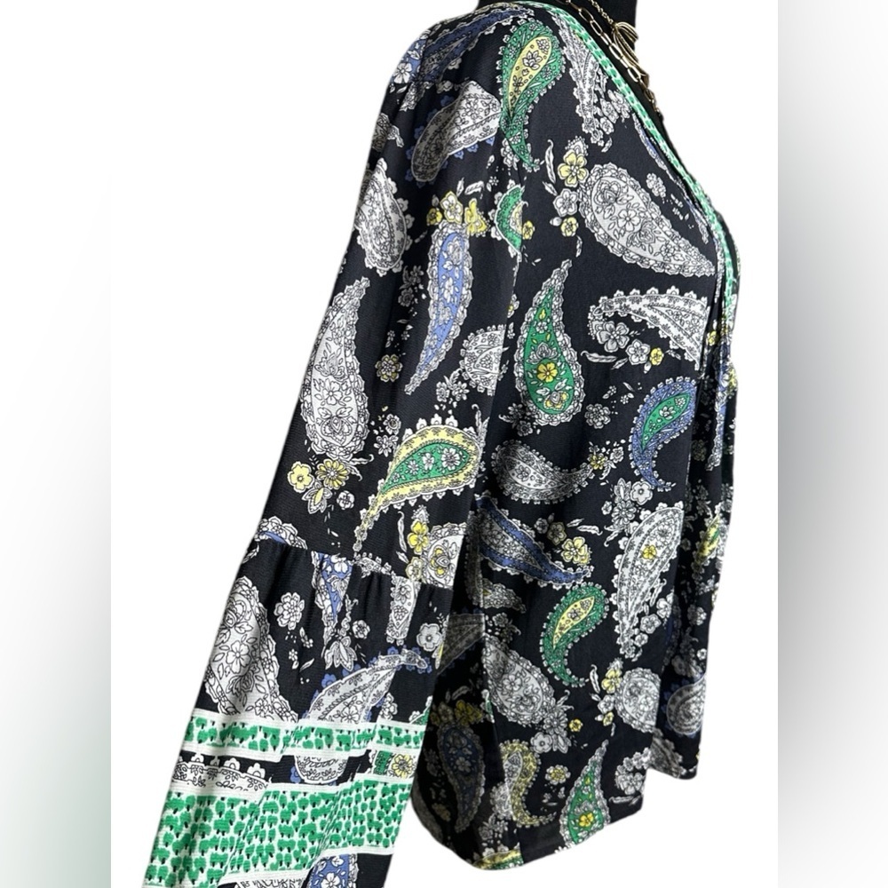 Style & Co Women’s Large Black Green Paisley Print Button Front Blouse 100% Nylo